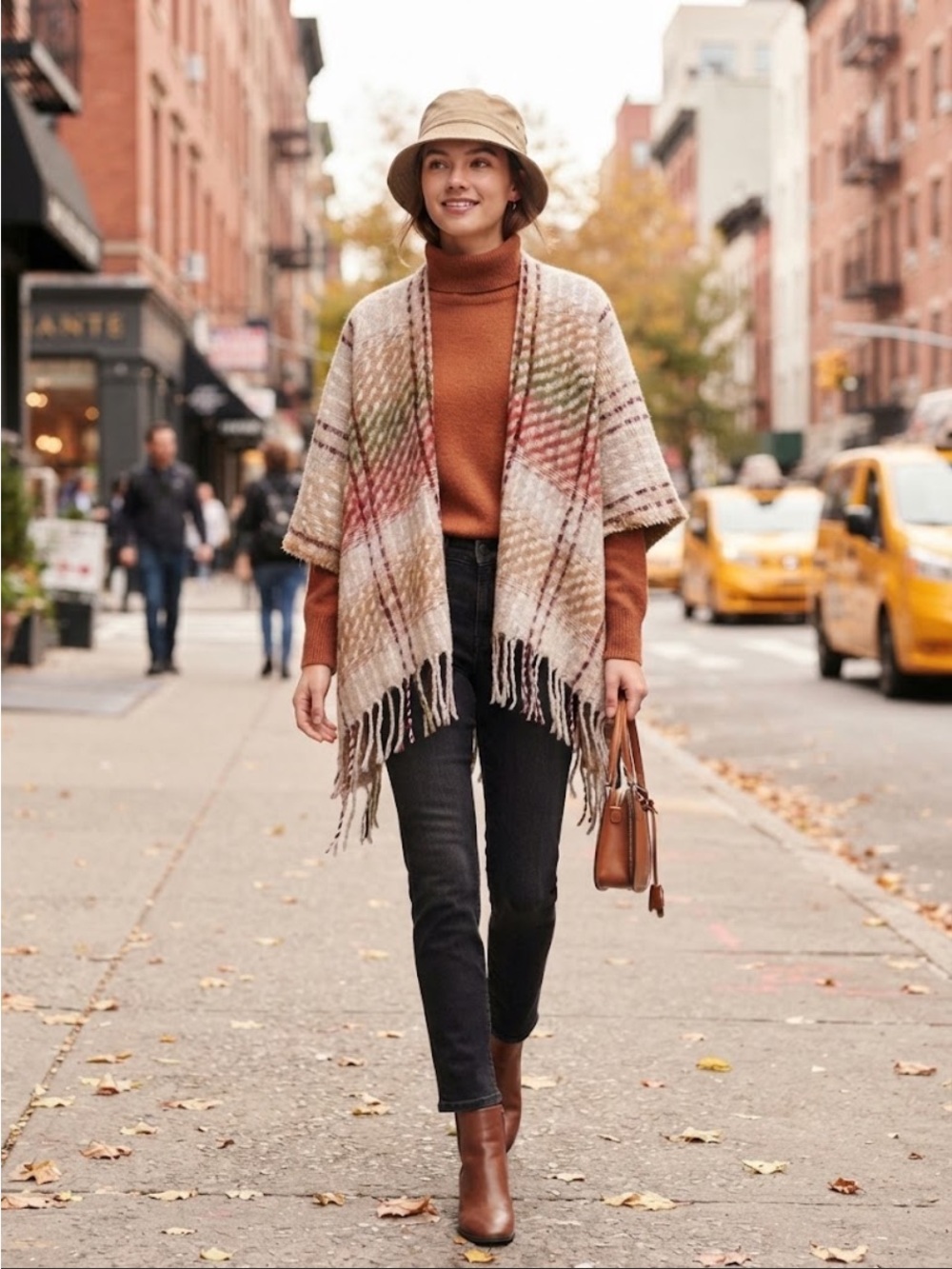 27 Camuto Turtleneck Sweater & Plaid Fringe Wrap Ruana (belt missing) bundle
